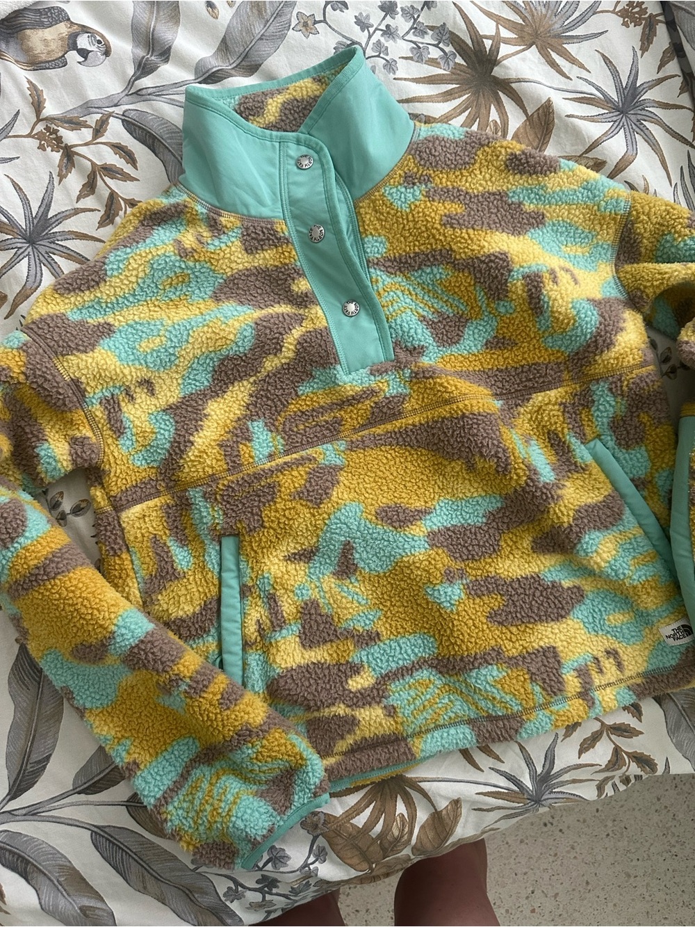 The North Face Sherpa Pullover in mustard, Aqua & Brown